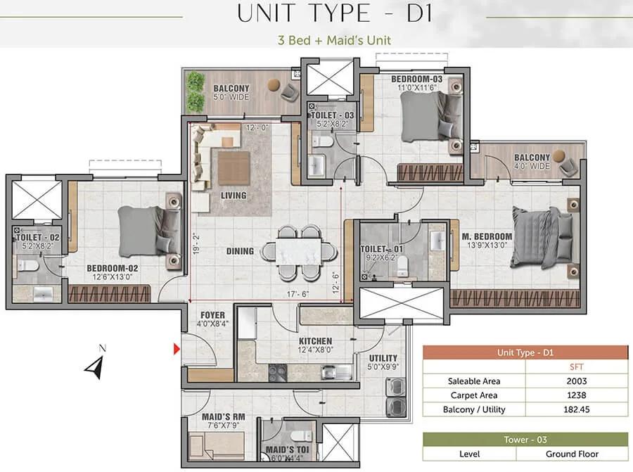 3BHK 2003 - Prestige Elm Park