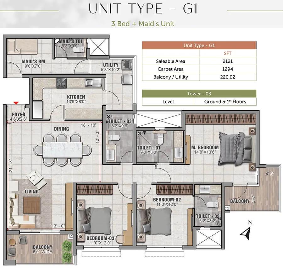 3BHK 2121 - Prestige Elm Park