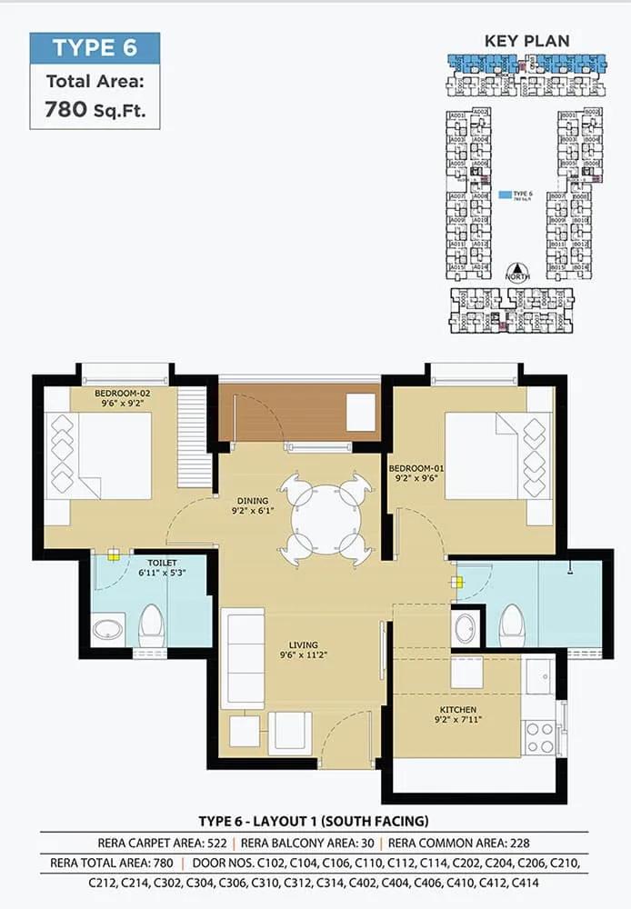 780 - 2 BHK - TVS Emerald Flourish Apartments