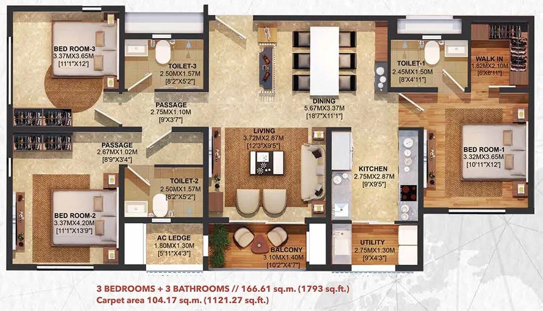 3 BHK + 3T - 1793 - Brigade Residences At WTC Chennai