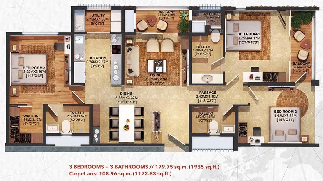 3 BHK + 3T - 1935 - Brigade Residences At WTC Chennai