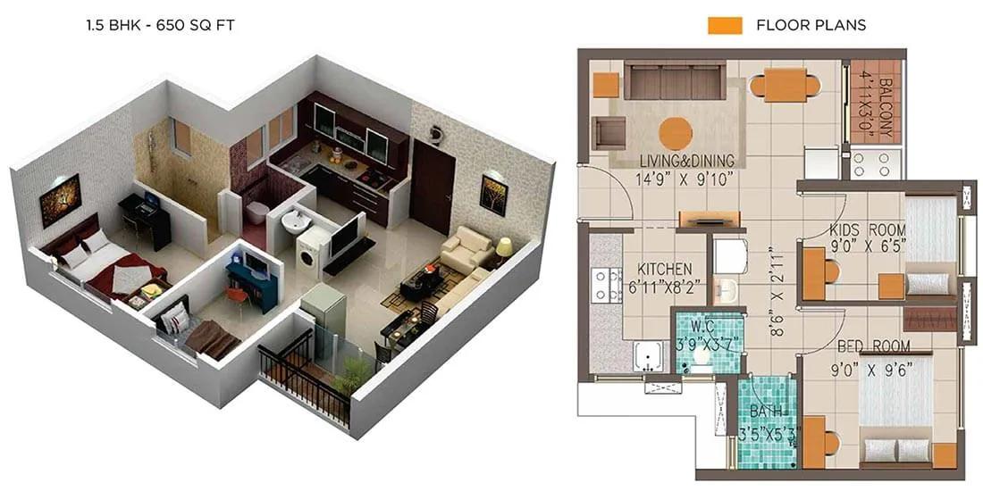 1.5 BHK 650 - Embassy Residency Perumbakkam