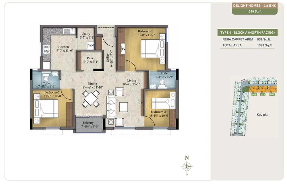 2.5 BHK - 1399 - TVS Emerald Green Enclave
