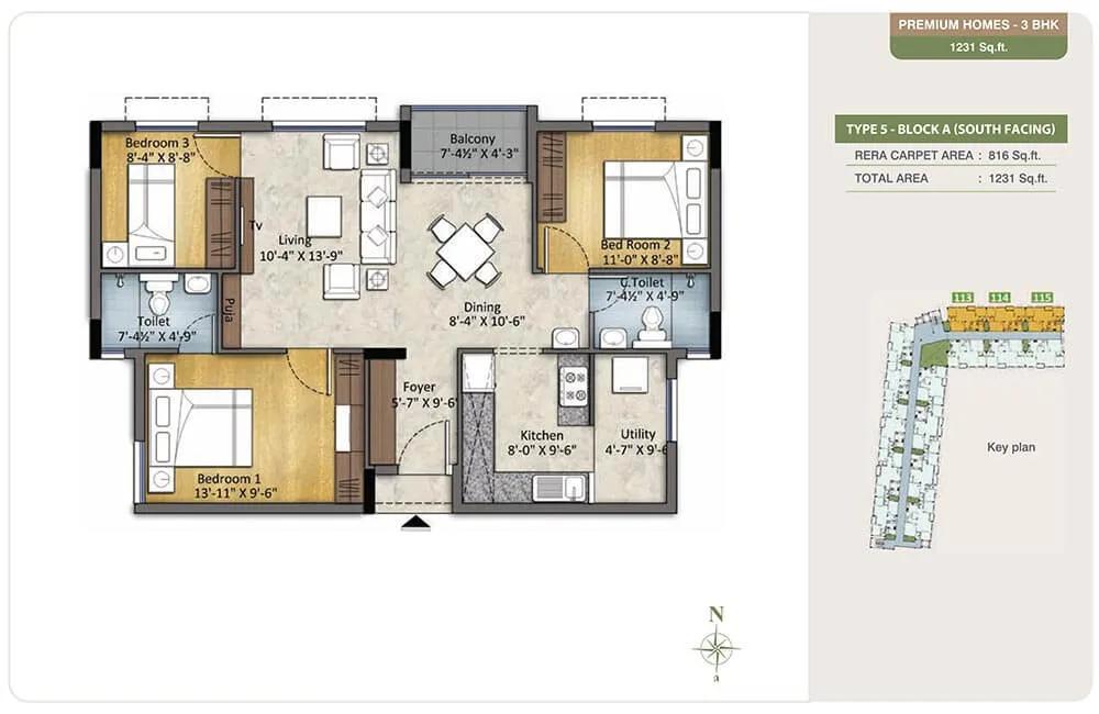 3 BHK - 1231 - TVS Emerald Green Enclave