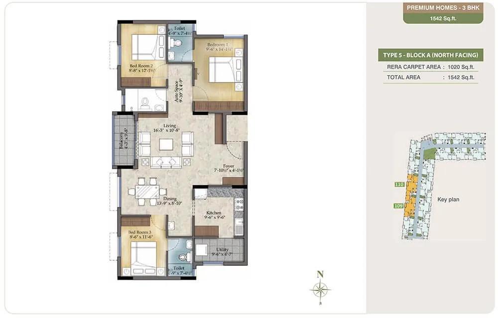 3 BHK - 1542 - TVS Emerald Green Enclave