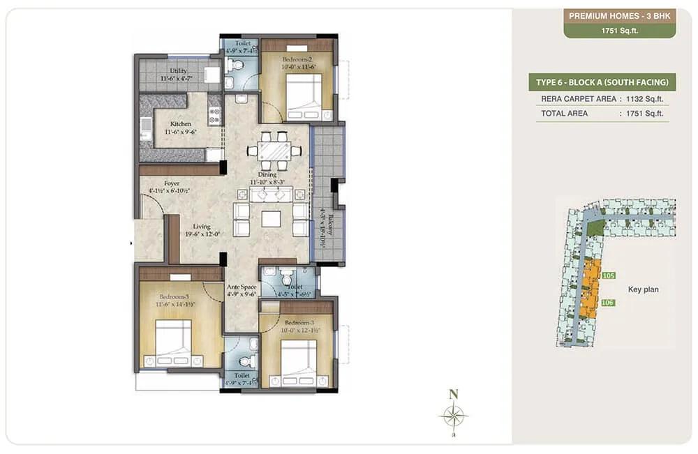 3 BHK - 1751 - TVS Emerald Green Enclave
