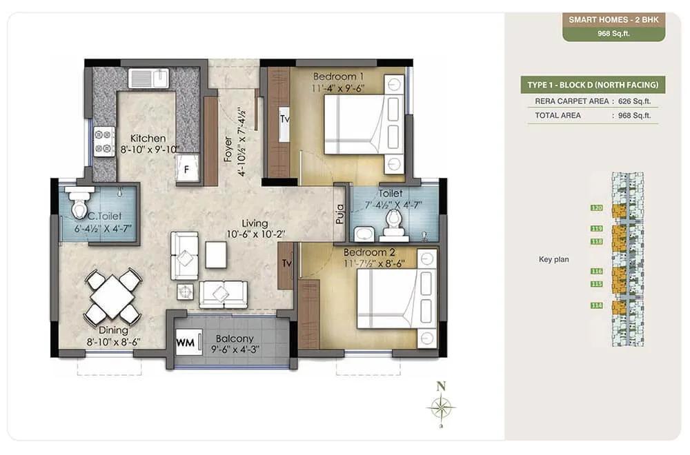 2 BHK - 968 - TVS Emerald Green Enclave