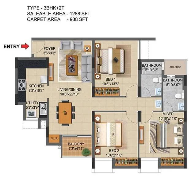 3 BHK - 1288 - CasaGrand Supremus Chennai