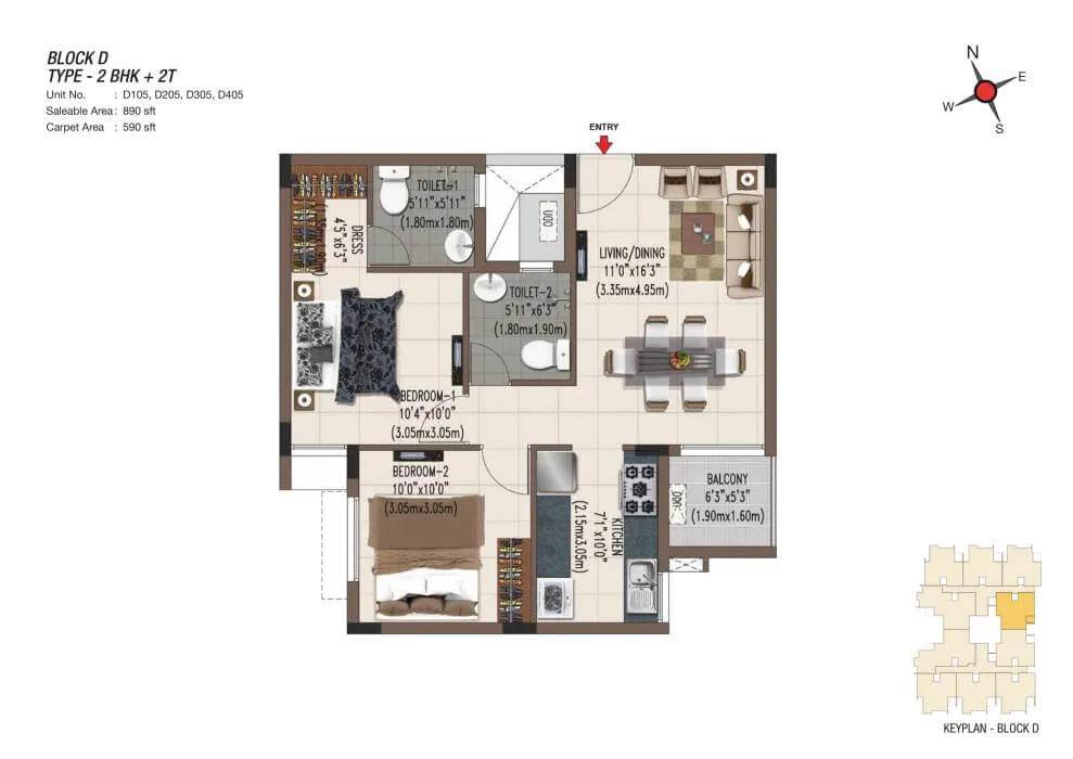 2 BHK 2T 890 - Casagrand Sereno Chennai