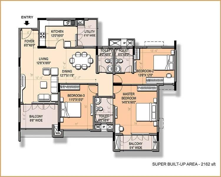 3 BHK - 1922 To 1944 - Purva Windermere Chennai