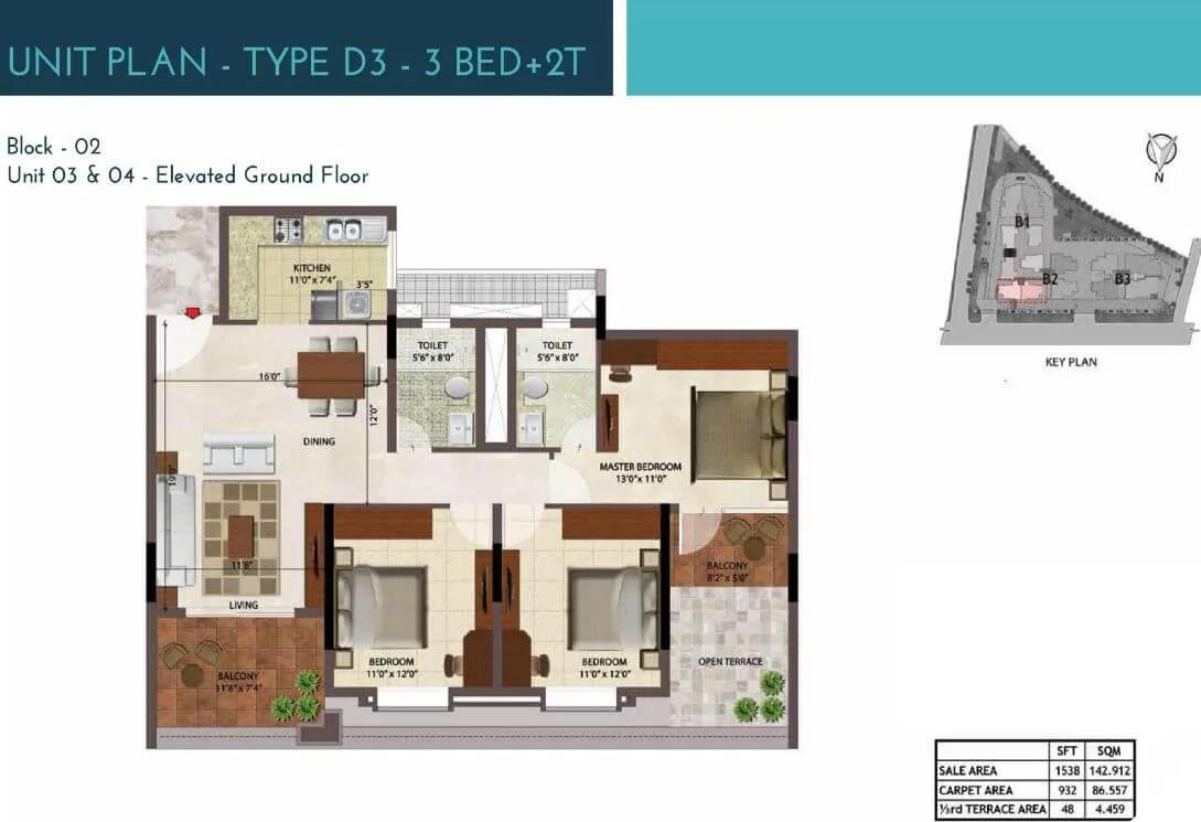 3 BHK 2T 1538 - Prestige Ocean Crest Goa
