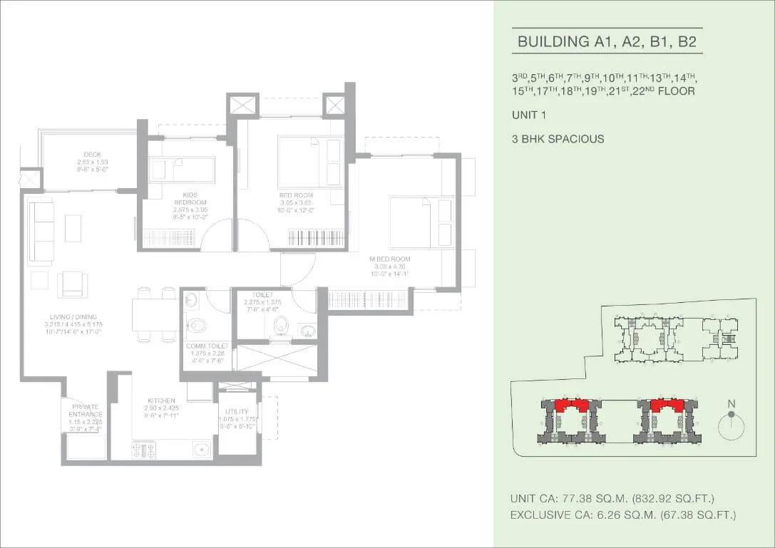 3 BHK Spacious - 832 CA - Godrej Green Glades Garden City