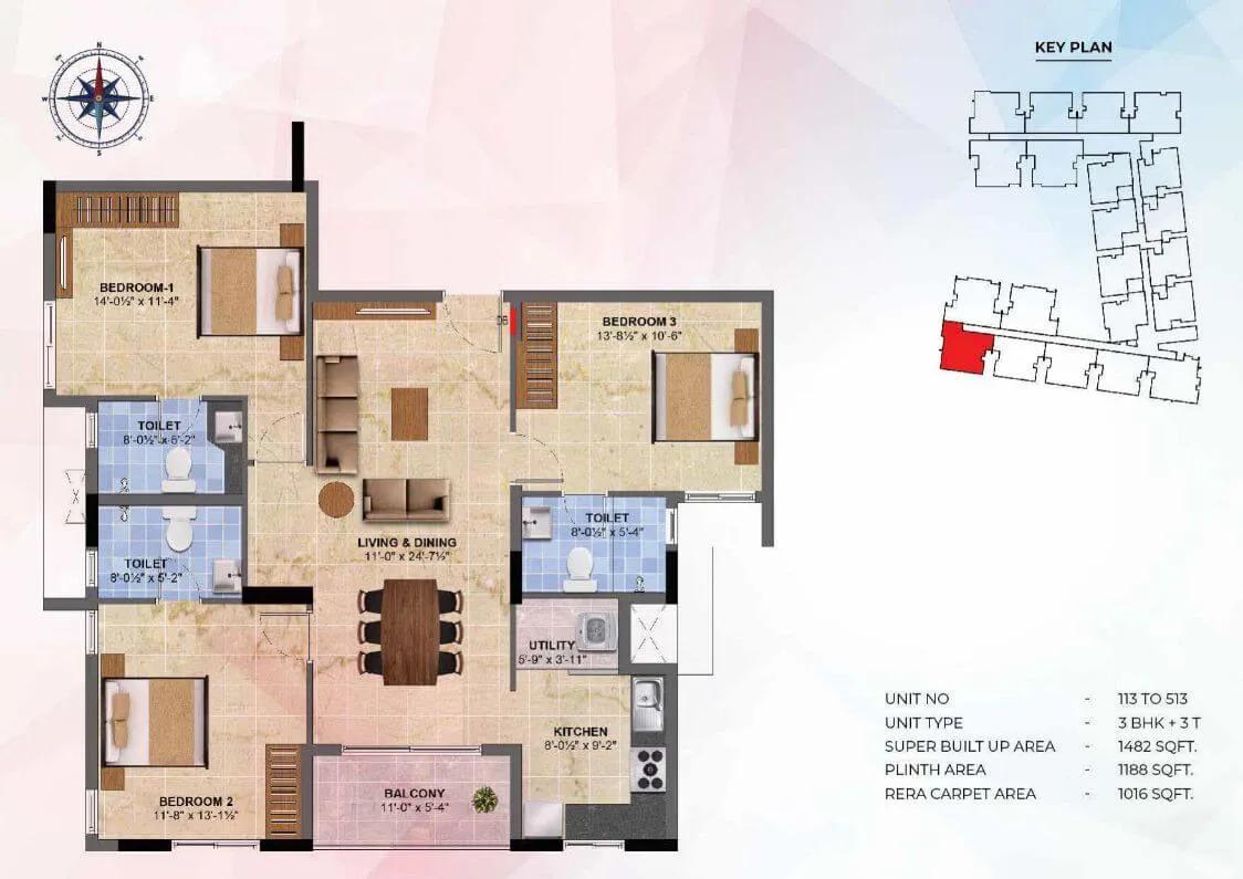 3 BHK - 1482 - Radiance Sapphire Chennai