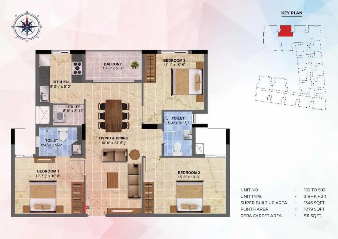 3 BHK - 1346 - Radiance Sapphire Chennai