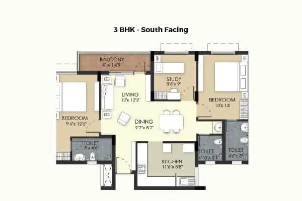 3 BHK South - TVS Emerald Green Acres