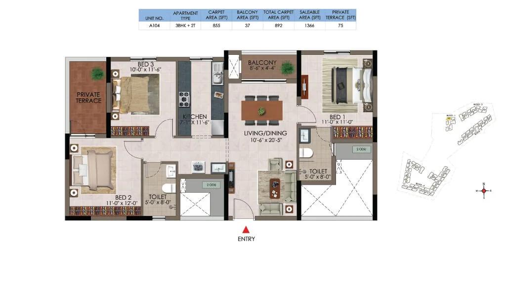 3 BHK - 1366 - CasaGrand Athens Mogappair