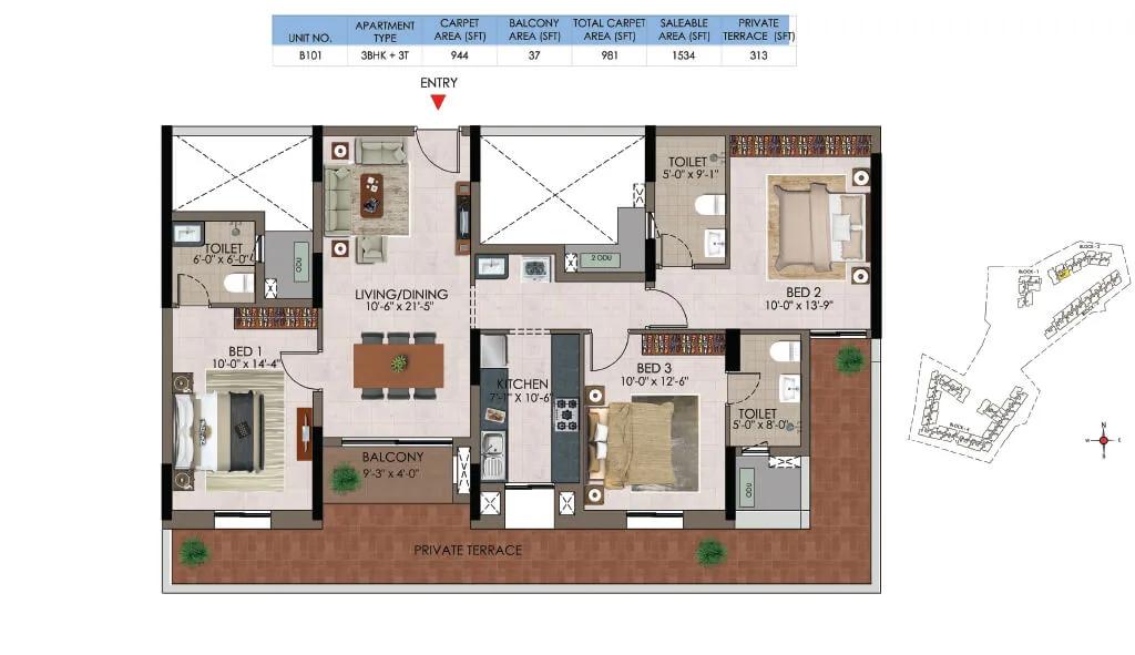 3 BHK - 1534 - CasaGrand Athens Mogappair