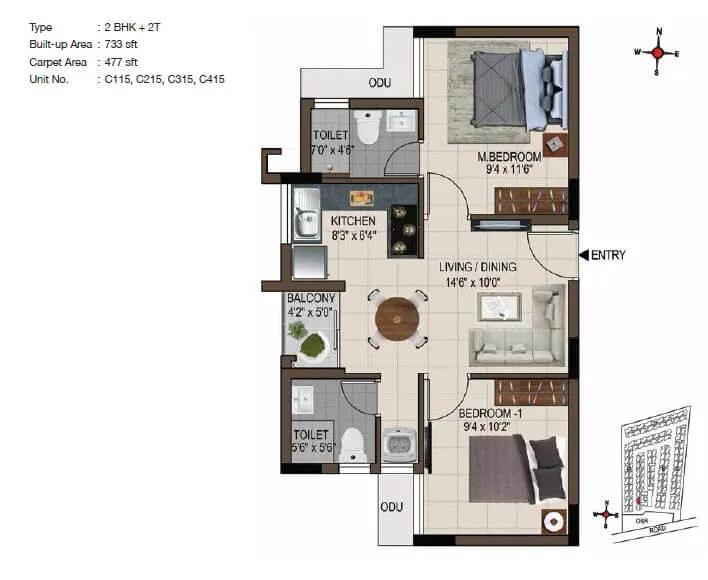 2 BHK 733 - CasaGrand Smart Town