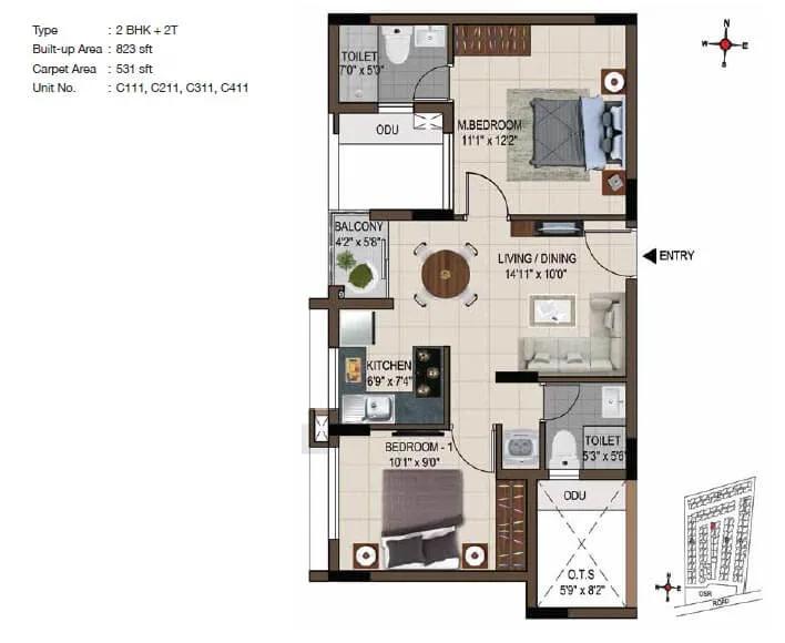 2 BHK 823 - CasaGrand Smart Town