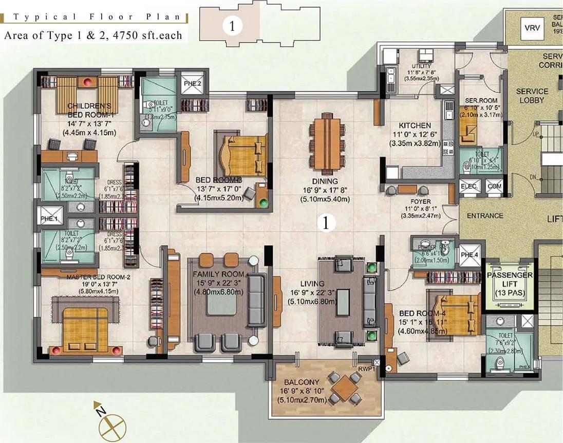 4 BHK 4750 Type 1 - Prestige Edwardian Cunningham