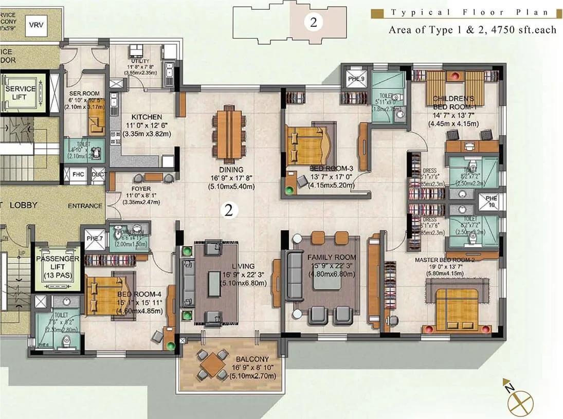 4 BHK 4750 Type 2 - Prestige Edwardian Cunningham