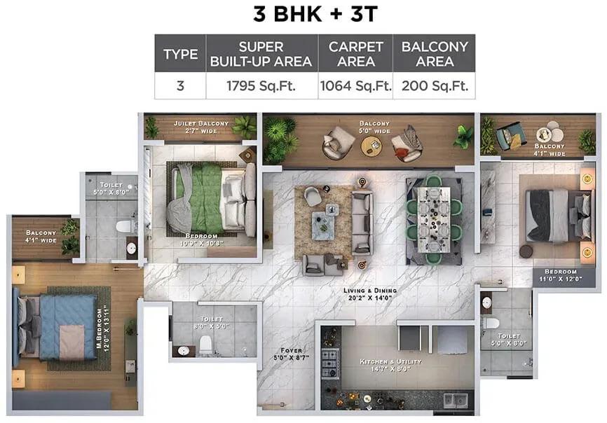 3BHK 1795 - Sattva Lumina
