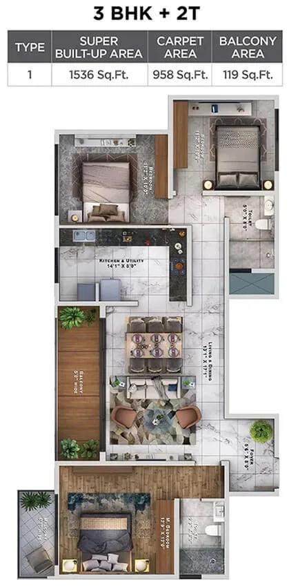 3BHK-2T 1536 - Sattva Lumina