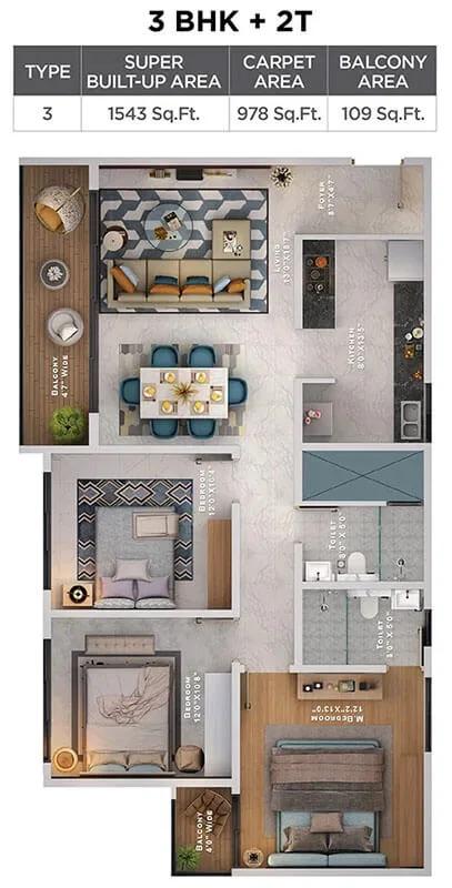 3BHK-2T 1543 - Sattva Lumina