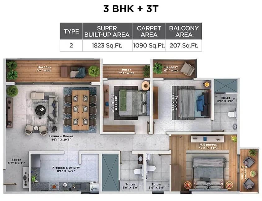 3BHK-3T 1823 - Sattva Lumina