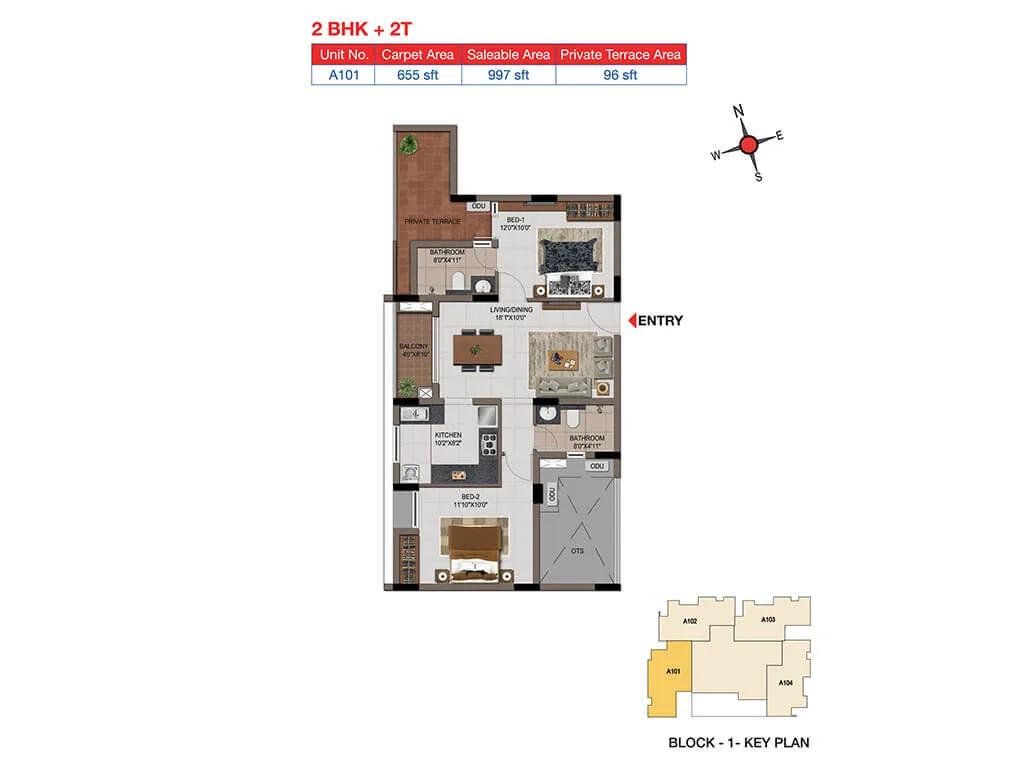 2 BHK 2T Terrace - 997 - Casagrand Tudor
