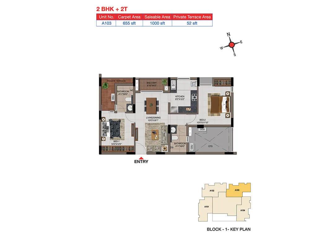2 BHK 2T Terrace - 1000 - Casagrand Tudor