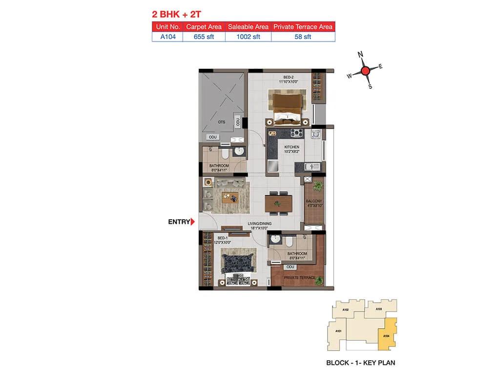 2 BHK 2T Terrace - 1002 - Casagrand Tudor
