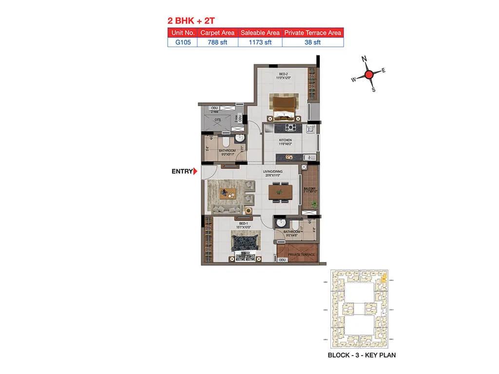 2 BHK 2T Terrace - 1173 - Casagrand Tudor