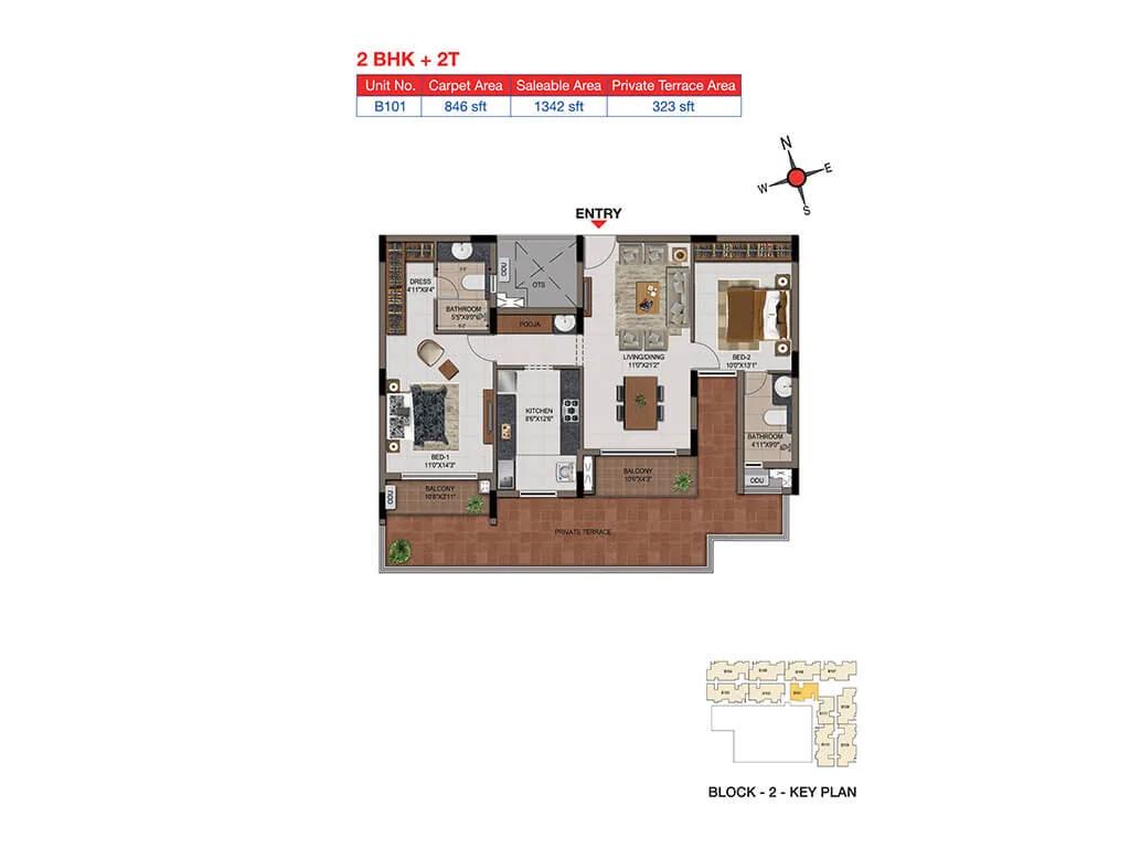 2 BHK 2T Terrace - 1342 - Casagrand Tudor