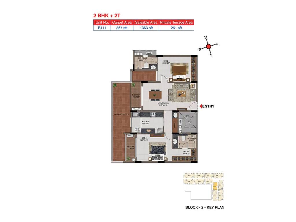2 BHK 2T Terrace - 1363 - Casagrand Tudor