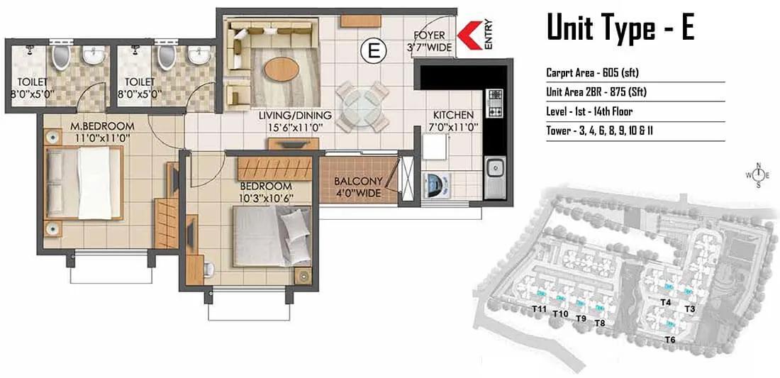 2 BHK - 875 - Prestige Primrose Hills Banashankari