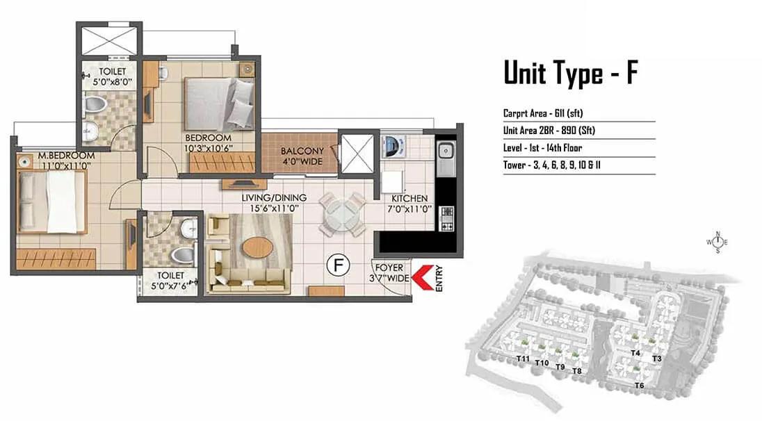 2 BHK - 890 - Prestige Primrose Hills Banashankari