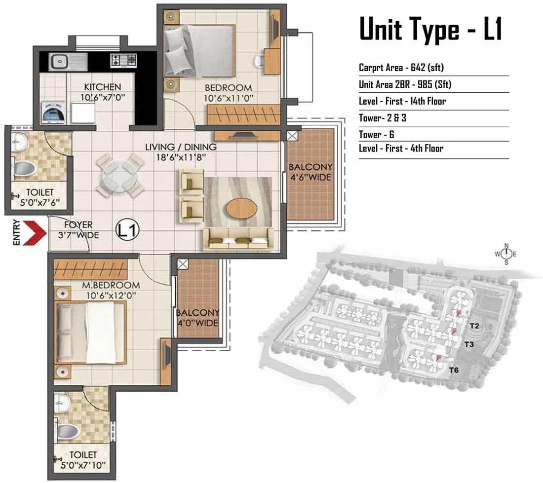 2 BHK - 985 - Prestige Primrose Hills Banashankari