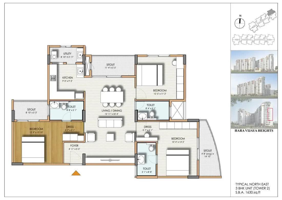 3BHK 1630 South - Hara Vijaya Heights