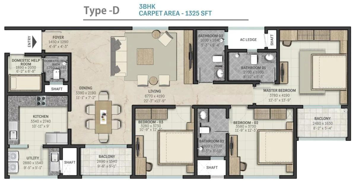 3 BHK - 1325 - Sobha RajVilas Indraprastha 2