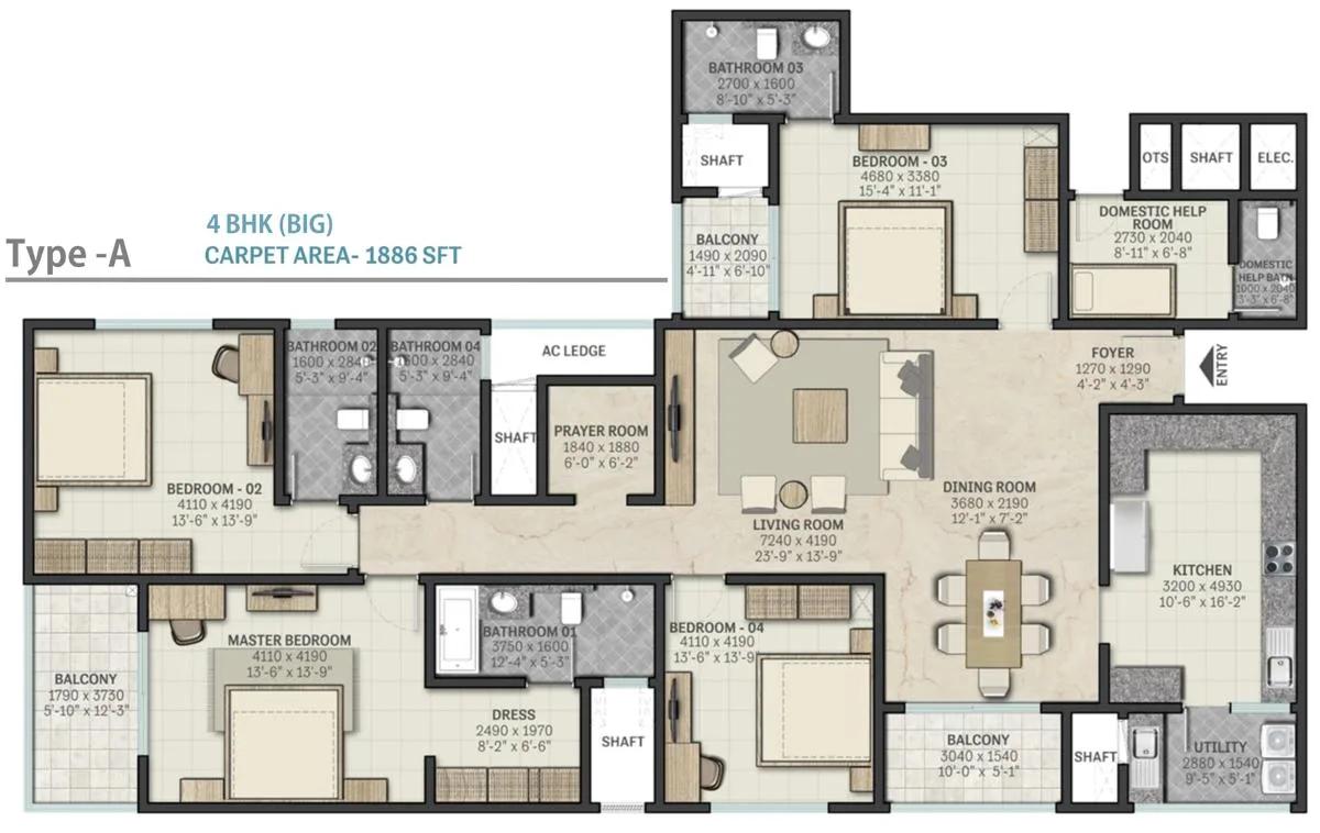 4 BHK Big - 1886 - Sobha RajVilas Indraprastha 2