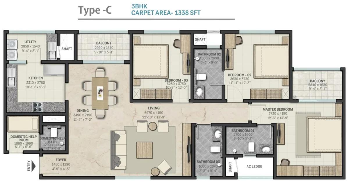 3 BHK - 1338 - Sobha RajVilas Indraprastha 2