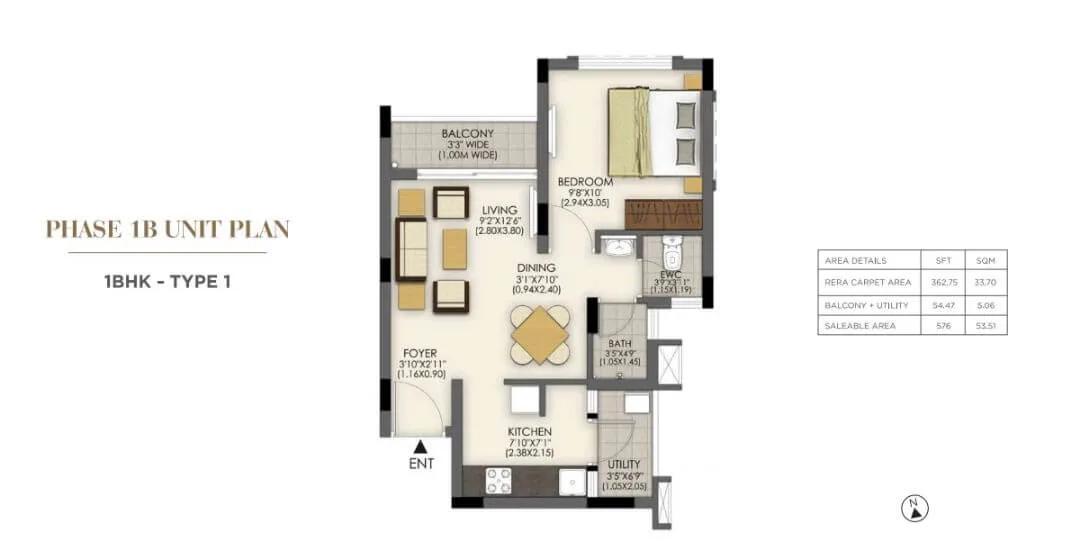 1 BHK Type 1 - 576 - TATA Santorini Chennai