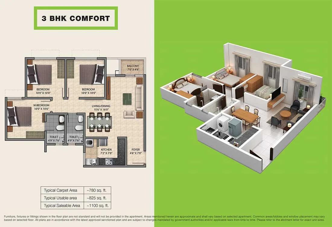 3-BHK-Comfort-1100 - Provident Central Park