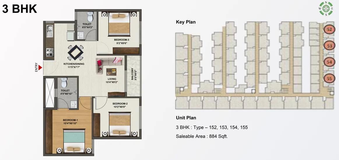 3 BHK – 884 Sowparnika Indraprastha