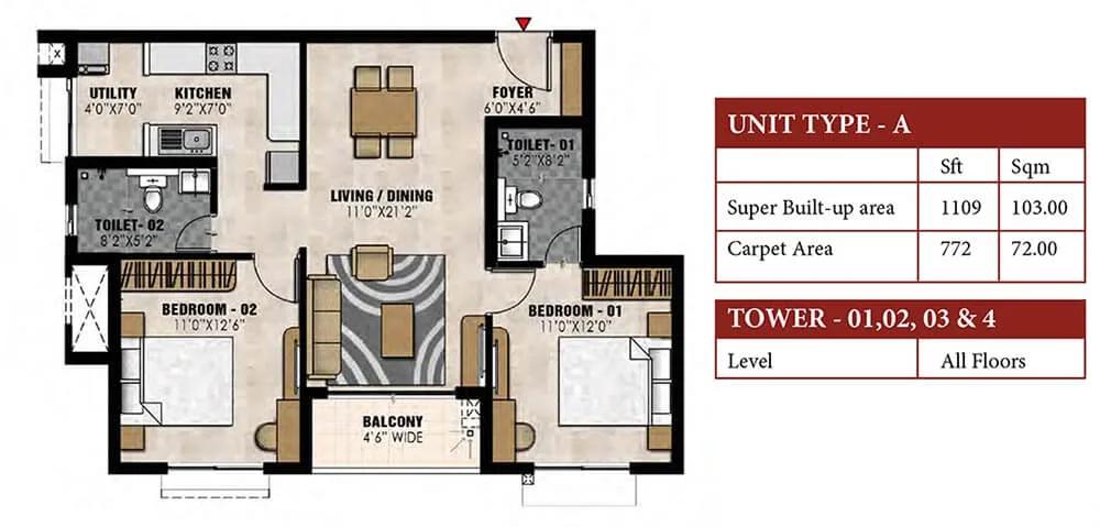 2 BHK - 1109 - Prestige Elysian