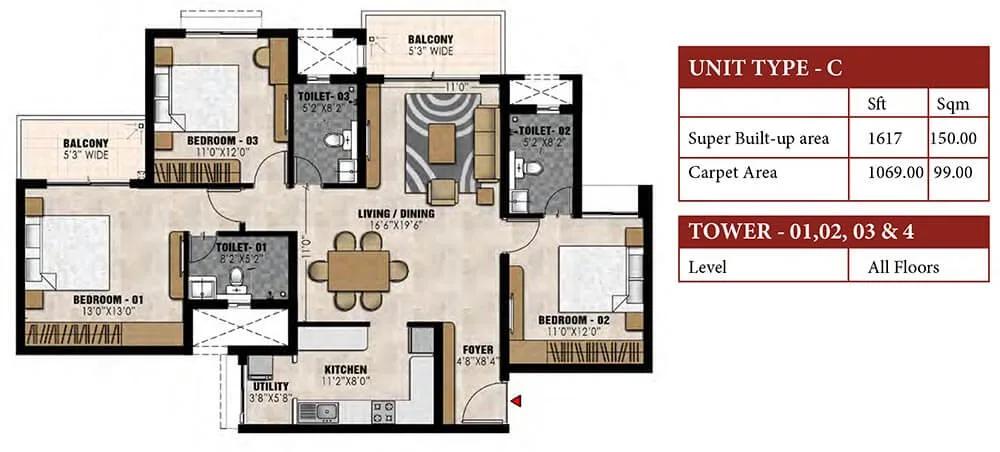 3 BHK - 1617 - Prestige Elysian