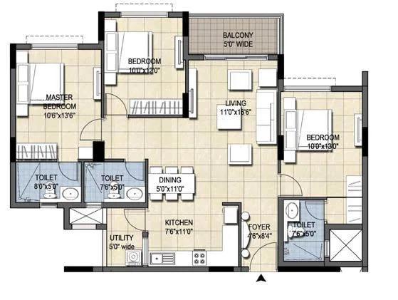 3 BHK - 1395 Ajmera Nucleus