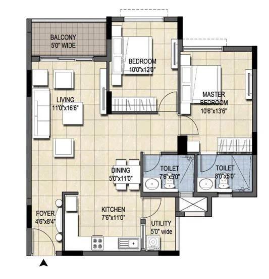 2 BHK - 1150 Ajmera Nucleus