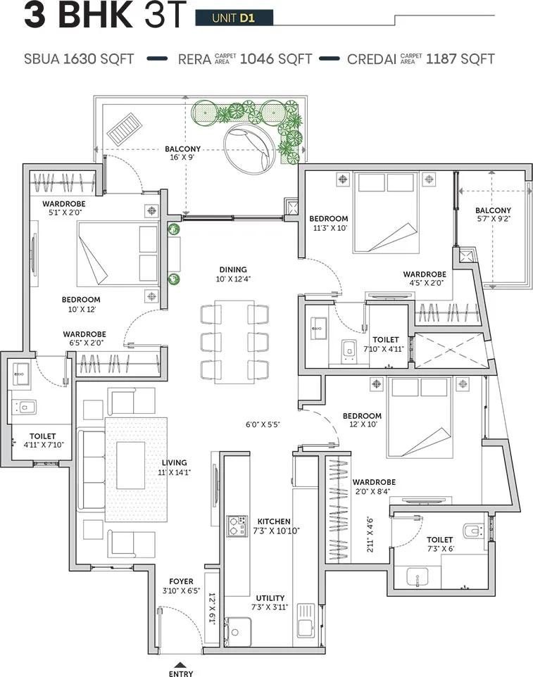 3 BHK 3T - 1630 - Assetz Sun And Sanctum